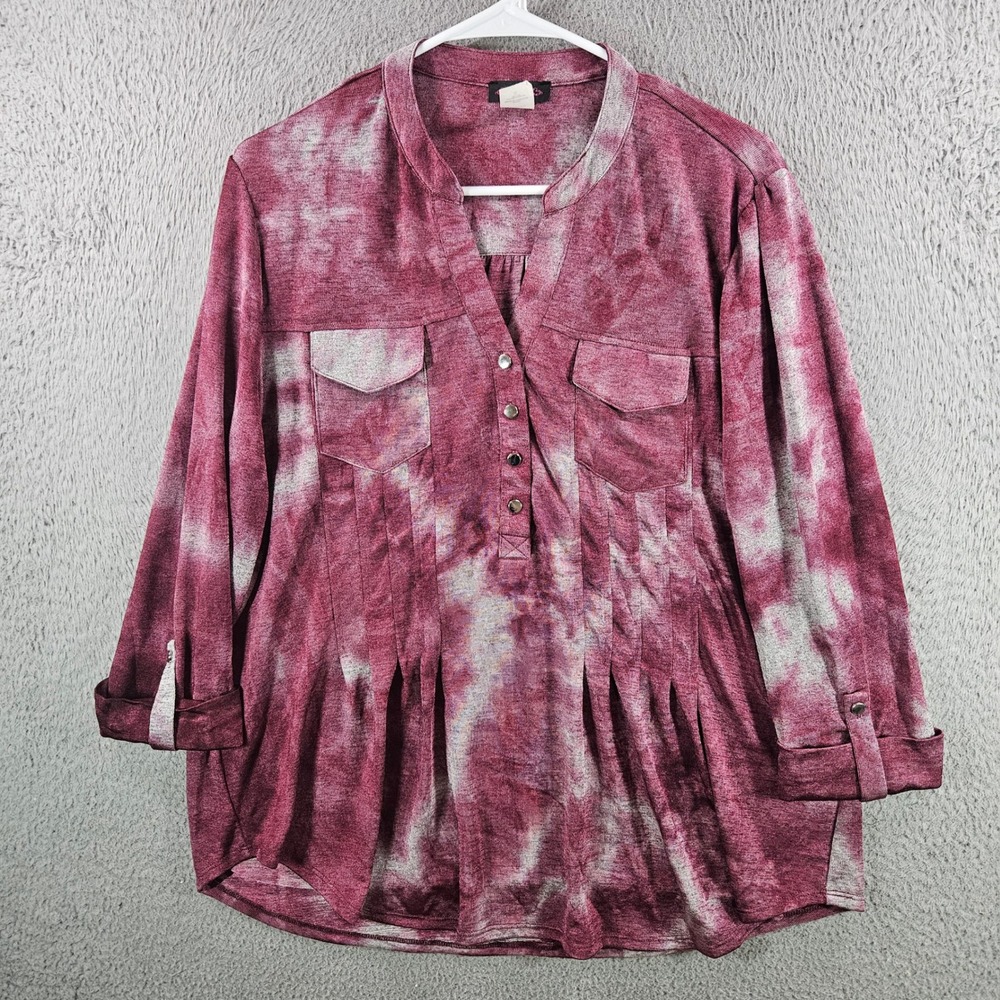 Cocomo Womens XL Burgundy Tie Dye Pleated Tunic Top Button V-Neck Roll Tab Slv